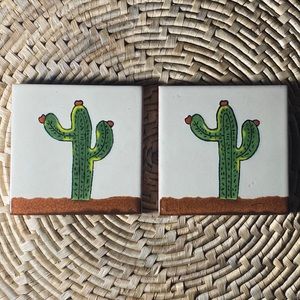 Cactus Hand Painted Set of 2 Talavera Pottery Tile Coasters